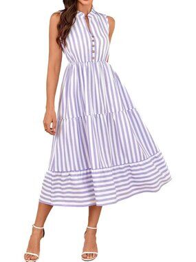 Women's Purple Summer Sleeveless Shirt Dress Collar Striped V Neck Casual Midi